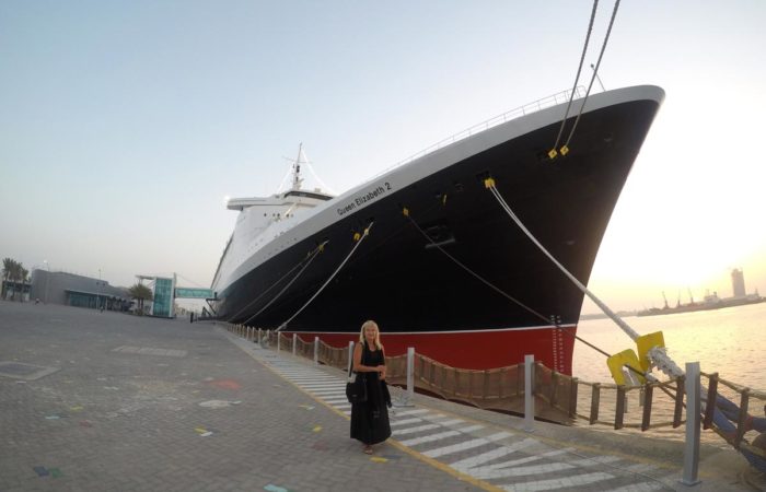 Aileen Juhl in front of QE2
