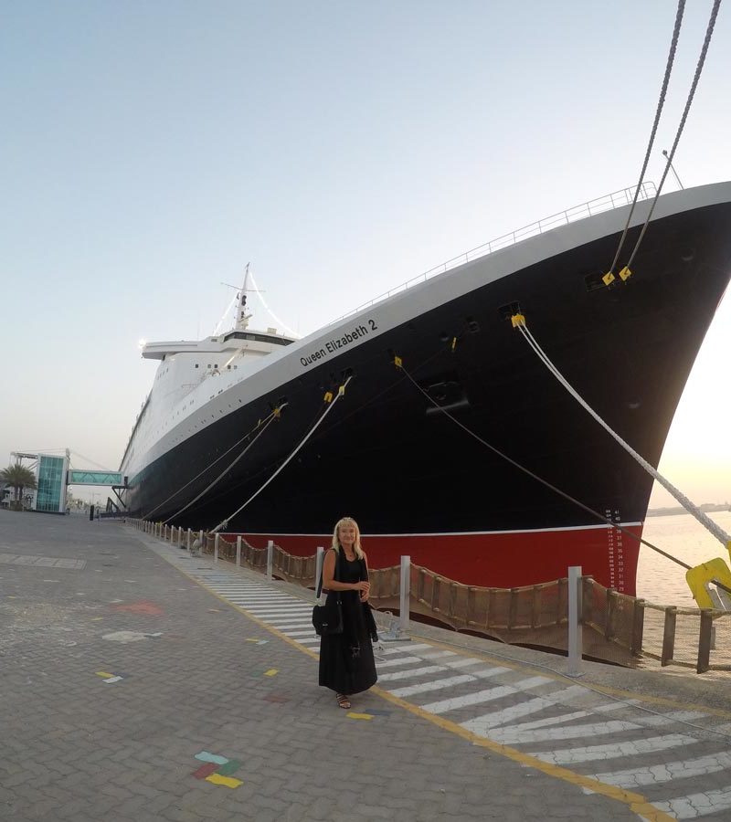 Aileen Juhl in front of QE2